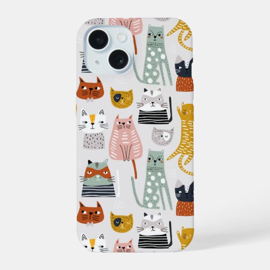 Schattige Doodle Hand getrokken kattenpatroon iPhone 15 Case (Achterkant)