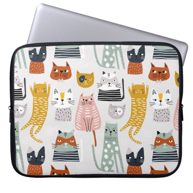 Schattige Doodle Hand getrokken kattenpatroon Laptop Sleeve (Voorkant)