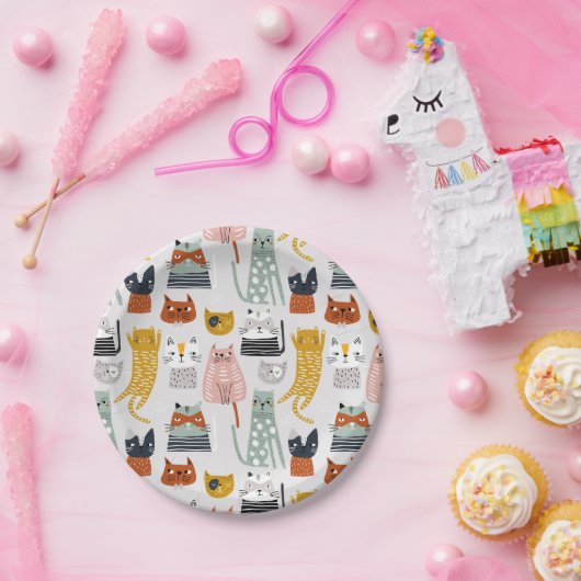 Schattige Doodle Hand getrokken kattenpatroon Papieren Bordje (Feest)