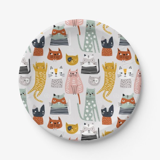 Schattige Doodle Hand getrokken kattenpatroon Papieren Bordje (Voorkant)