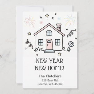 Schattige Doodle Nieuwjaar Nieuw Huis Verhuizen  Feestdagenkaart