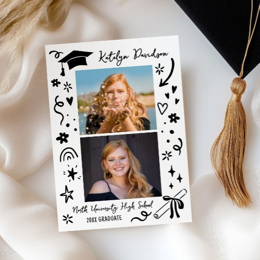 Schattige Doodle Twee Foto Afstudeer Aankondiging