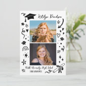 Schattige Doodle Twee Foto Afstudeer Aankondiging (Staand voorkant)