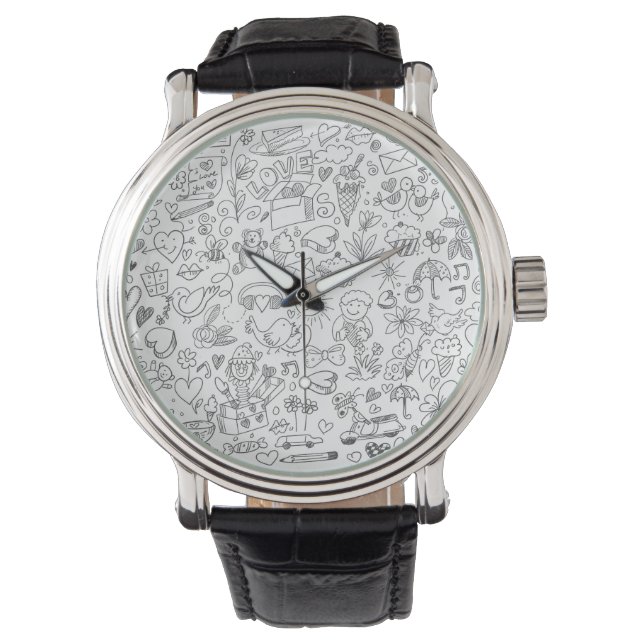 Schattige Doodle Zwart & Wit Horloge (Voorkant)