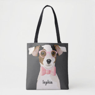 Schattige doodsbange hond met een bril en een stro tote bag