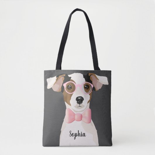 Schattige doodsbange hond met een bril en een stro tote bag (Voorkant)
