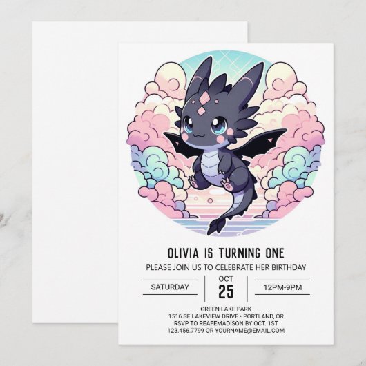 Schattige draak 1e verjaardag kaart (Voorkant / Achterkant)