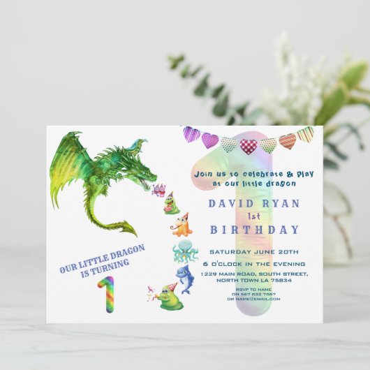 Schattige Draak Monsters Baby Foto 1e Verjaardag Kaart (Staand voorkant)