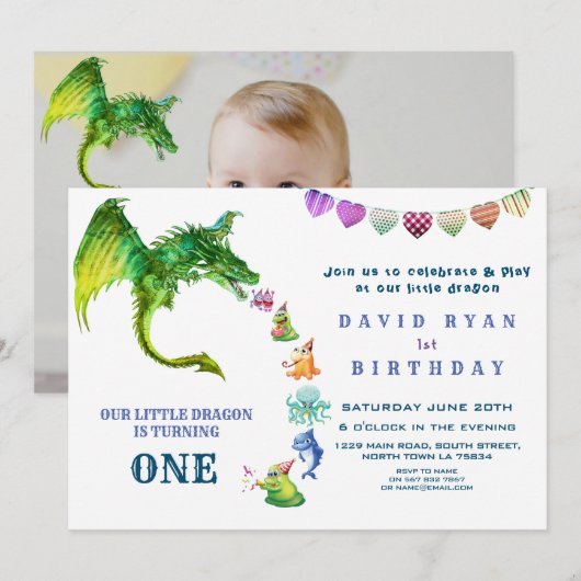 Schattige Draak Monsters Foto 1e Verjaardag Kaart (Voorkant / Achterkant)