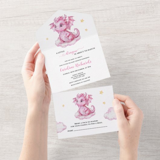 Schattige Dragon Baby shower All In One Uitnodiging (Afscheurbaar)