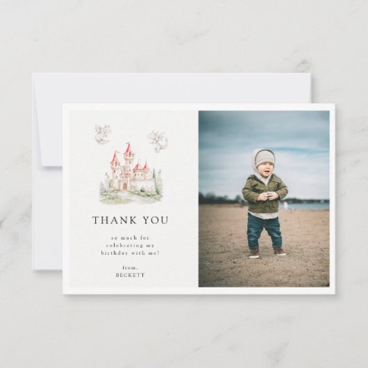 Schattige Dragon Castle thema verjaardagsfeestfoto Bedankkaart (Voorkant)