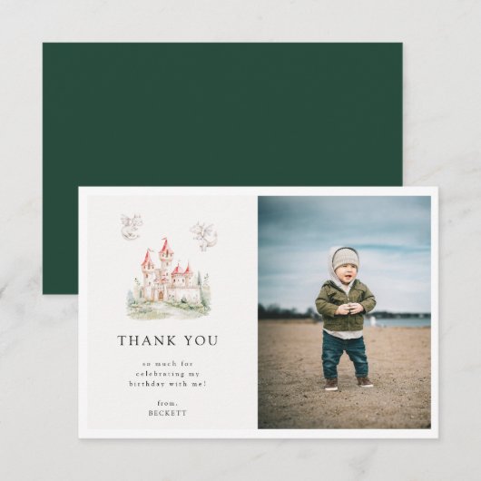 Schattige Dragon Castle thema verjaardagsfeestfoto Bedankkaart (Voorkant / Achterkant)