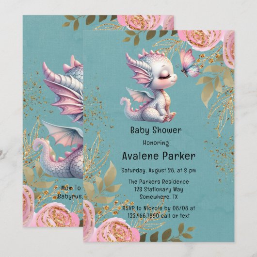 Schattige Dragon & Vlinder Meisje Baby shower Kaart (Voorkant / Achterkant)