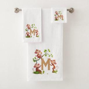 Schattige Drie Apen en Gouden Monogram op Wit Bad Handdoek