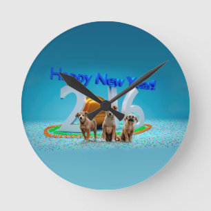 Schattige Drie Honden die Gelukkig Nieuwjaar 2016  Ronde Klok