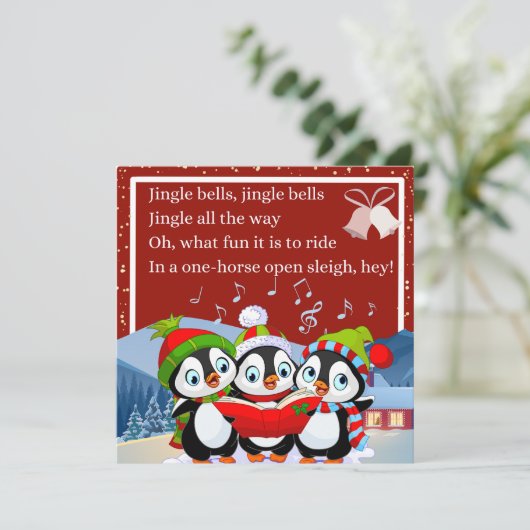 Schattige drie pinguïns zingen Jingle Bells Feestdagenkaart (Staand voorkant)