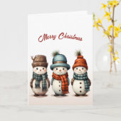 Schattige Drie Sneeuwmannen Illustratie Kerstmis Kaart (Gele Bloem)