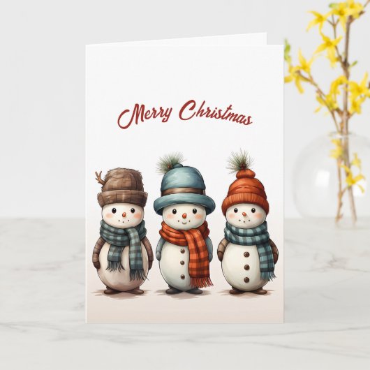 Schattige Drie Sneeuwmannen Illustratie Kerstmis Kaart (Gele Bloem)
