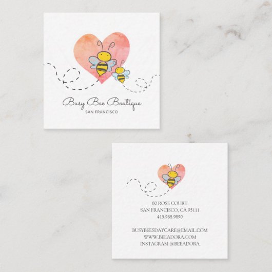 Schattige drukke hommels en roze hart boetiek vierkante visitekaartje (Voorkant / Achterkant)