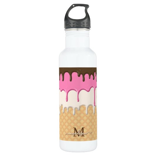 Schattige Druppelend IJs Waffle Cone Monogram Waterfles (Voorkant)