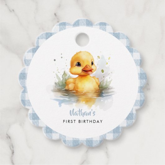 Schattige Duck Gingham Eerste Verjaardag Bedankjes Labels (Voorkant)