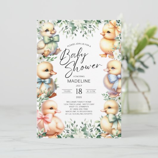 Schattige Duck Greenery Baby shower Uitnodiging (Staand voorkant)