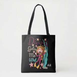 Schattige duiken krijgt me nat monogram tote bag