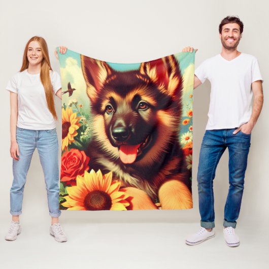 Schattige Duits Herder Puppy Schilderij Fleece Deken (In situ)
