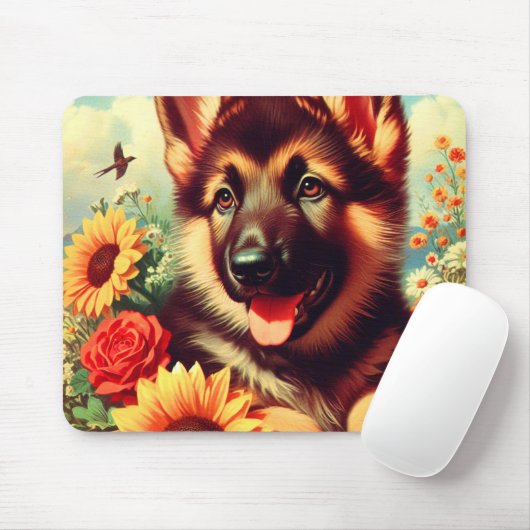 Schattige Duits Herder Puppy Schilderij Muismat (Met muis)