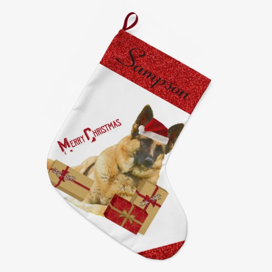 Schattige Duitse herder in Santa Hat Grote Kerstsok (Voorkant (Hangend))