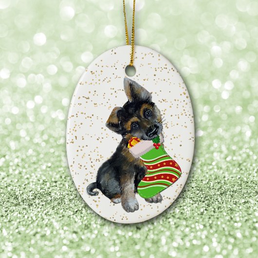 Schattige Duitse herder Puppy Kerstmis stoppen Keramisch Ornament