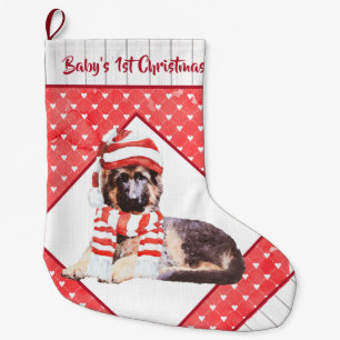 Schattige Duitse herder Puppy's eerste kerst Grote Kerstsok