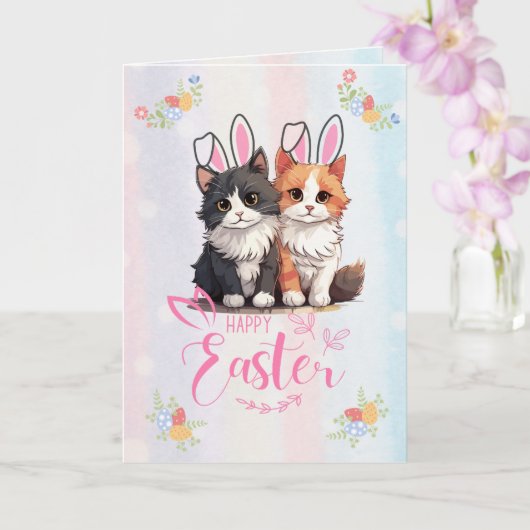  Schattige Duo Kitten Bunny Easter Kaart (Orchidee)