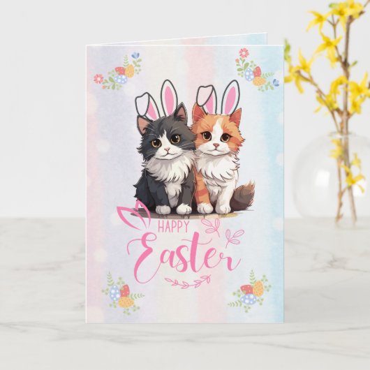  Schattige Duo Kitten Bunny Easter Kaart (Gele Bloem)