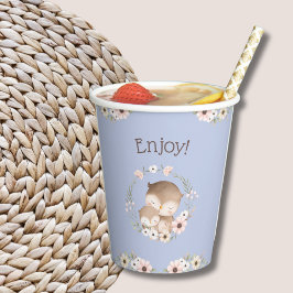 Schattige Dusty Blue Floral Woodland Owl Baby show Papieren Bekers