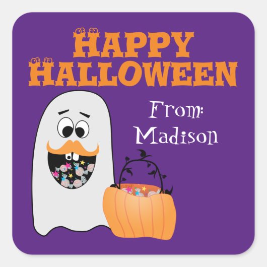 Schattige Dwaze Halloween Geest Paarse Aangepaste Vierkante Sticker (Voorkant)