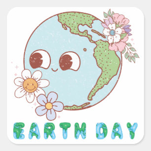 Schattige Earth met Flowers Happy Earth Day Bloeme Vierkante Sticker