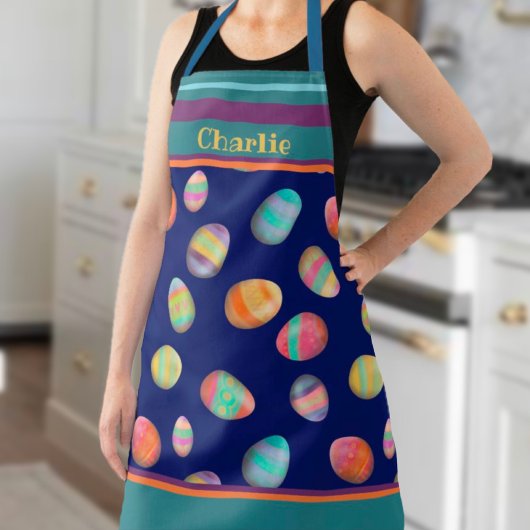 Schattige Easter Egg Pattern Blue Aangepaste naam Schort