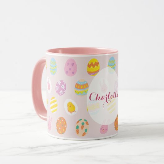 Schattige Easter Painted Egg Pattern Roze Naam Mok (Voorkant links)