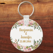 Schattige Eegant Roze Bloemengroen en gouden bruil Sleutelhanger (Voorkant)