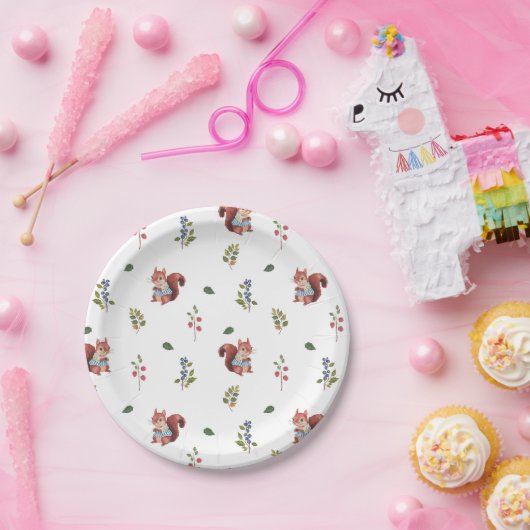 Schattige eekhoorn en bosbessen patroon papieren bordje (Feest)