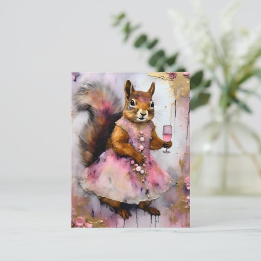 Schattige eekhoorn in een roze jurk met een Drink Briefkaart (Staand voorkant)