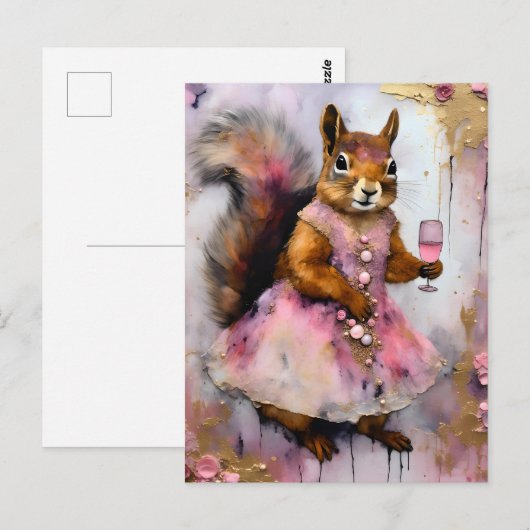Schattige eekhoorn in een roze jurk met een Drink Briefkaart (Voorkant / Achterkant)