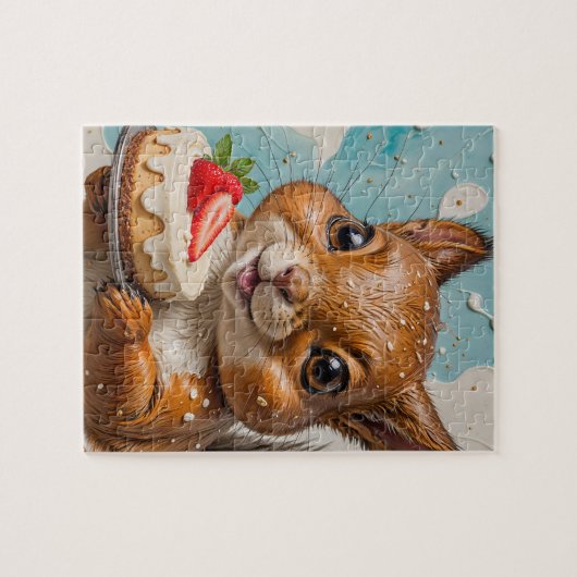 Schattige eekhoorn met aardbeientaart legpuzzel (Horizontaal)