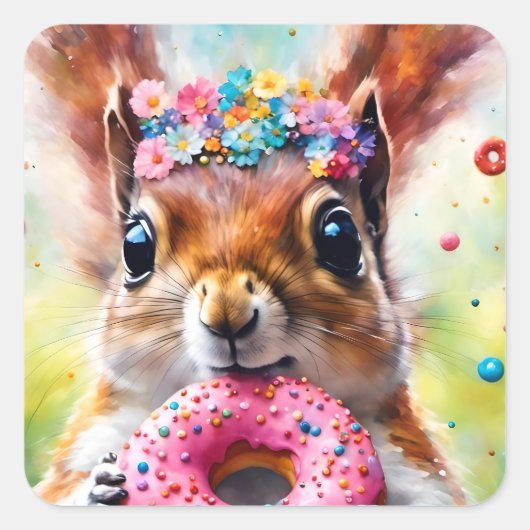 Schattige eekhoorn met een donut vierkante sticker (Voorkant)