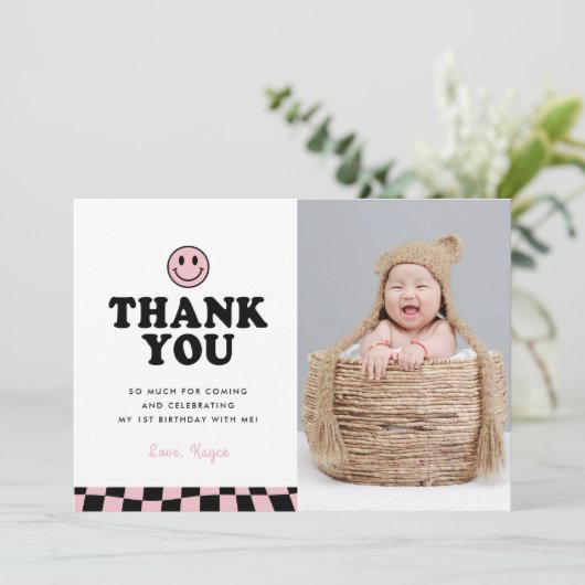 Schattige een blij babe happy foto meisje 1e verja bedankkaart (Staand voorkant)