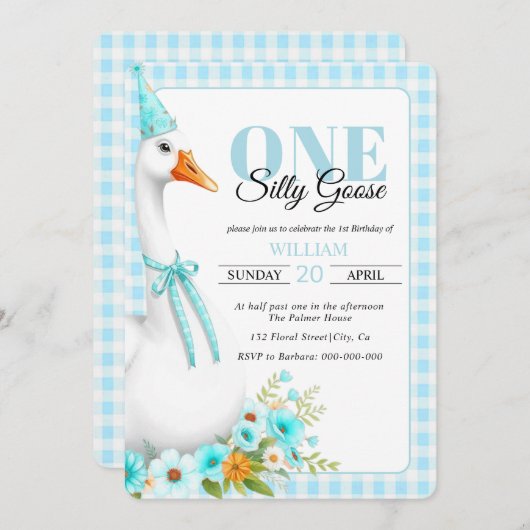 Schattige Een gekke gans, gingham boy's 1e verjaar Kaart (Voorkant / Achterkant)