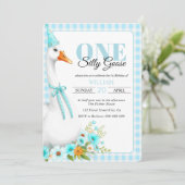 Schattige Een gekke gans, gingham boy's 1e verjaar Kaart (Staand voorkant)