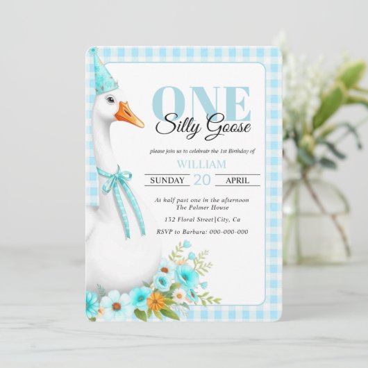 Schattige Een gekke gans, gingham boy's 1e verjaar Kaart (Staand voorkant)