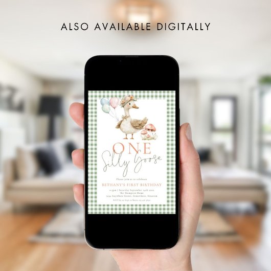Schattige Een Gekke Gans Sage Gingham 1e Verjaarda Kaart